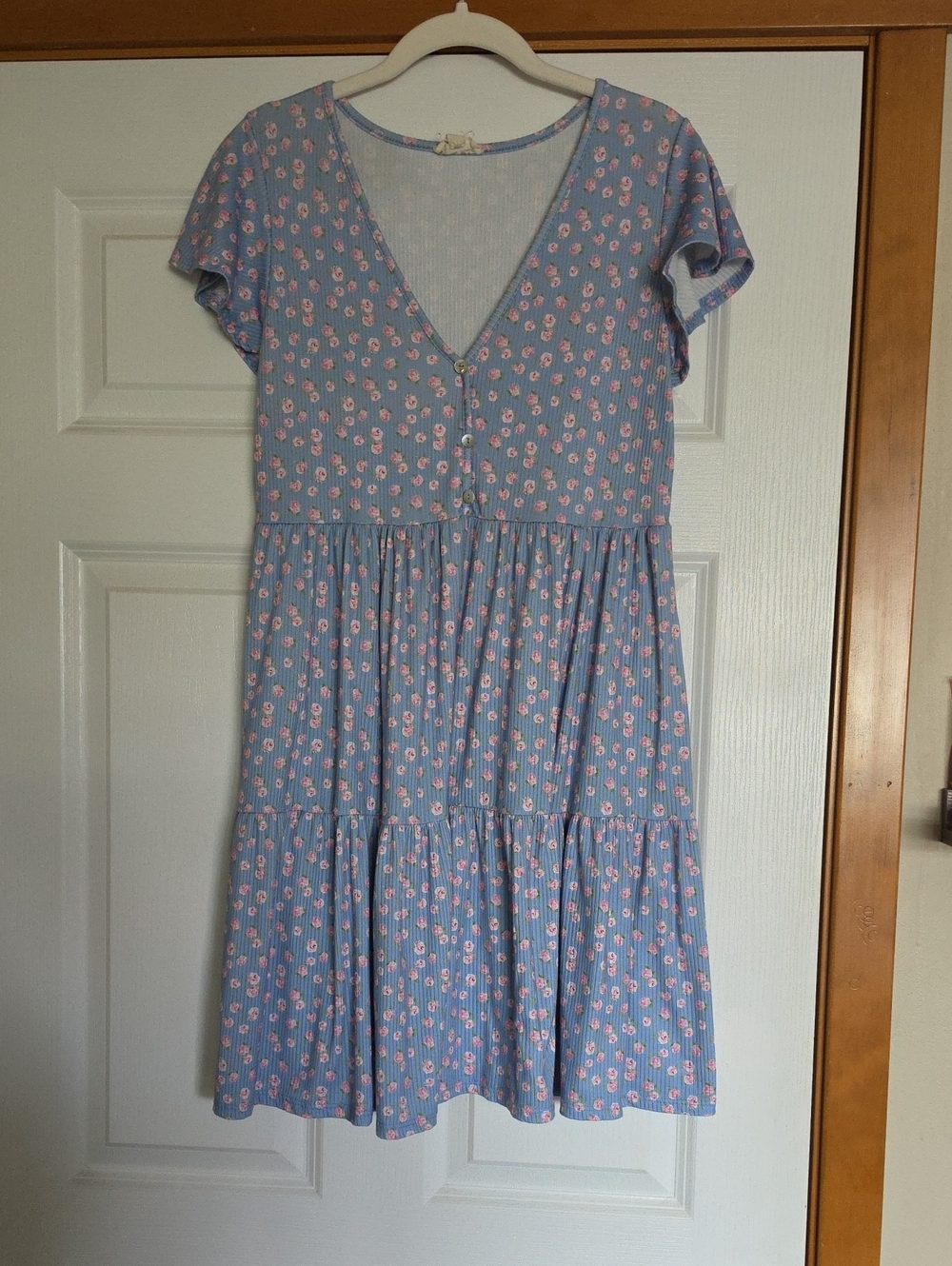 See You Monday Light Blue Floral V-Neck Tiered Dress
